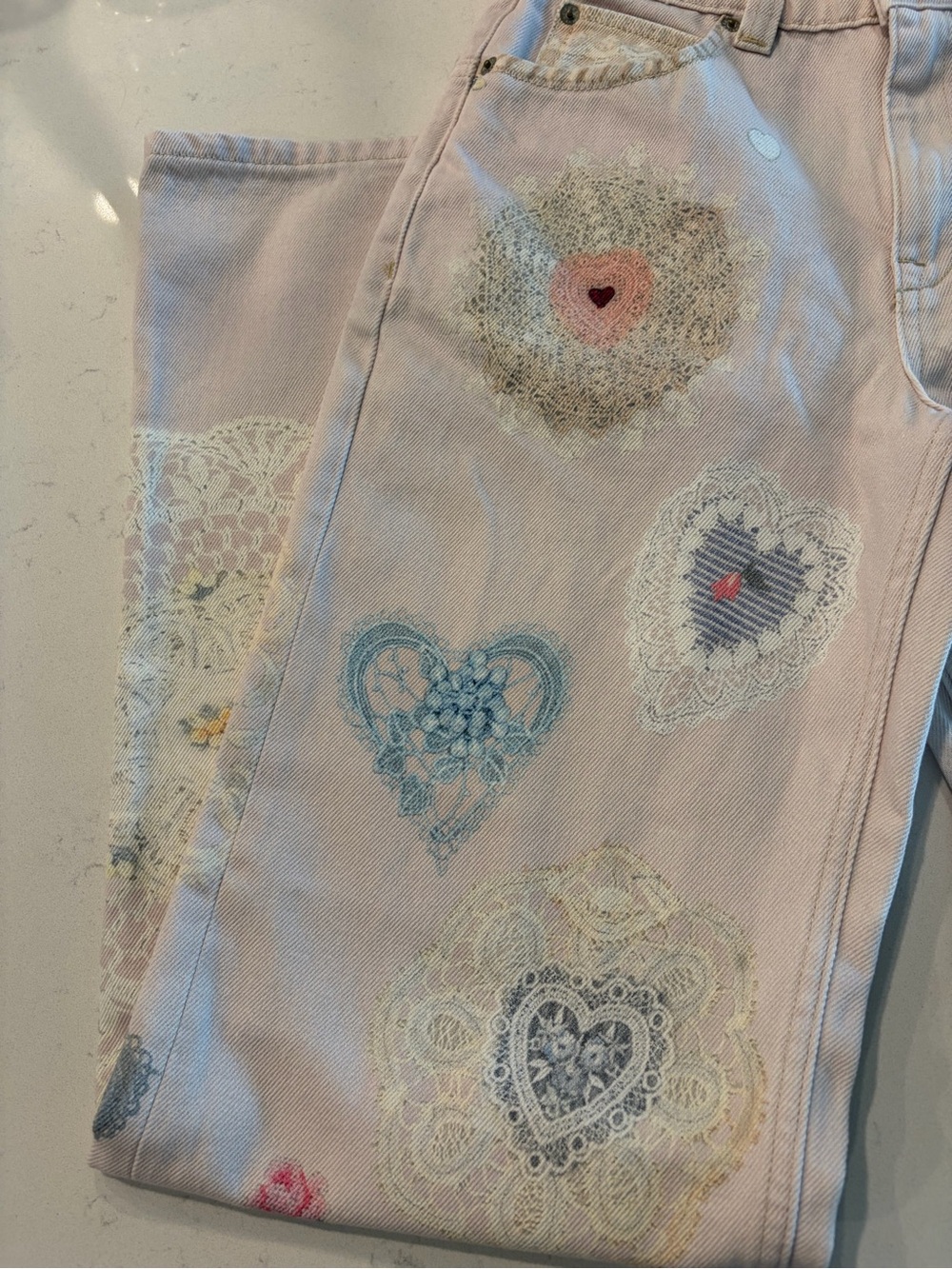 Free People Cream Straight-Leg Heart Patch Jeans - Picture 11 of 12